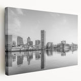 Large abstract cityscape in muted gray and blue tones on a framed poster, suitable for kitchen wall art.