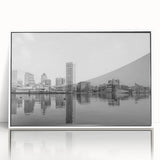 Art deco poster featuring a stylized cityscape in muted gray and blue tones, ideal for modern nursery wall art.