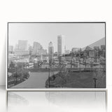 Art deco poster of a stylized cityscape in muted gold and navy, ideal for modern nursery wall art.