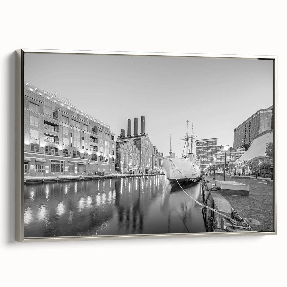 Landscape art painting featuring a colorful vintage cityscape on black background, printed on a framed poster.