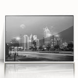 Art deco poster of a stylized cityscape in muted gray and blue tones on canvas, suitable for modern nursery wall art.