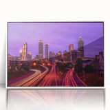 Mid-century modernist cityscape in muted gray and blue tones on large canvas, suitable for modern art wall decor.