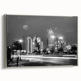 Landscape art painting of a cityscape in colorful hues on a black background, framed poster, ideal for office decor.