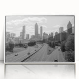 Art deco poster of a stylized cityscape in muted gray and blue tones on canvas, suitable for modern nursery wall art.