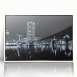 Art deco poster featuring a stylized cityscape in muted gray and blue tones, ideal for modern art wall decor or a nursery.