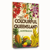 Colourful Queensland Retro Travel Poster | Tropical Fruit & Flowers Art