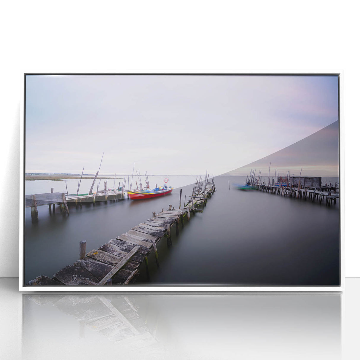 Peaceful Scenery Framed Art – Rustic Wooden Dock at Dusk