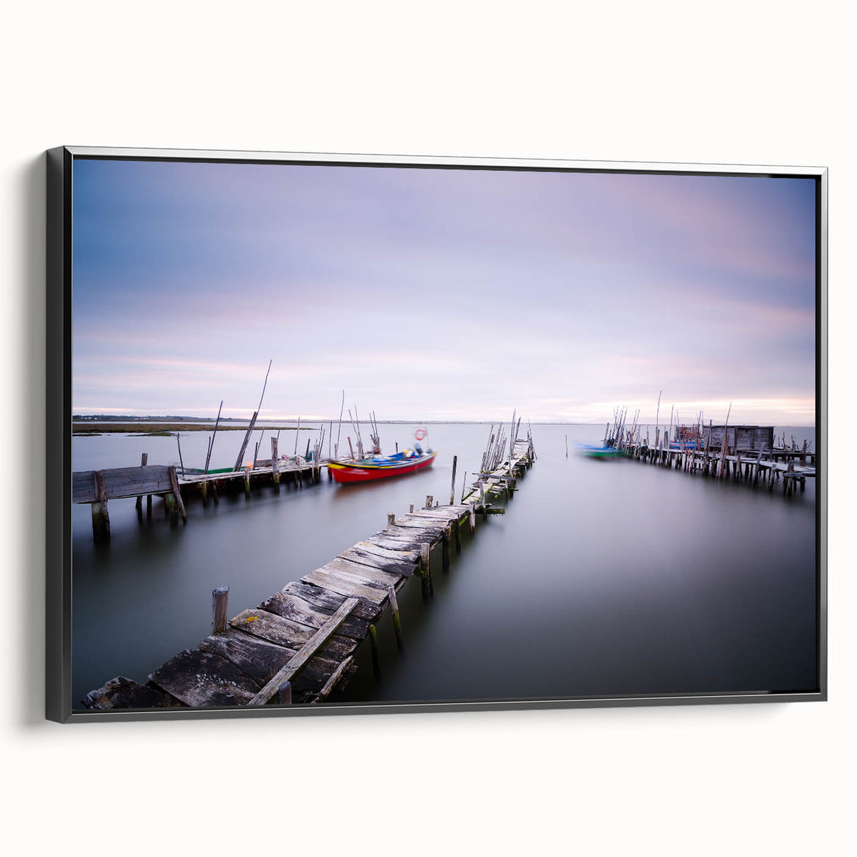 Peaceful Scenery Framed Art – Rustic Wooden Dock at Dusk
