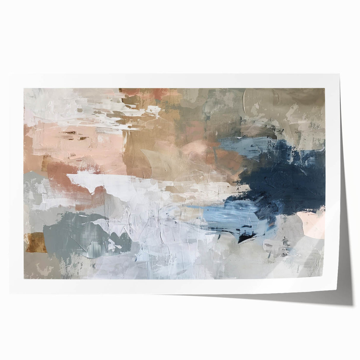Abstract Earth Tone Art – Modern Oil Painting with Blue and Beige