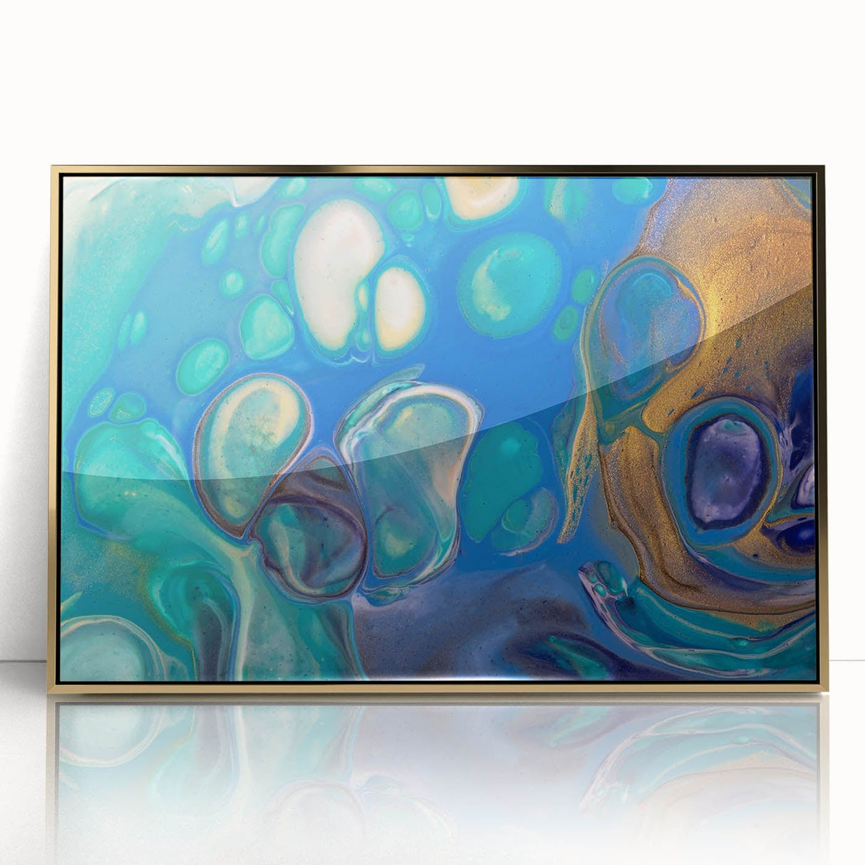 Fluid Art Paintings for Walls – Blue & Gold Ocean Swirls