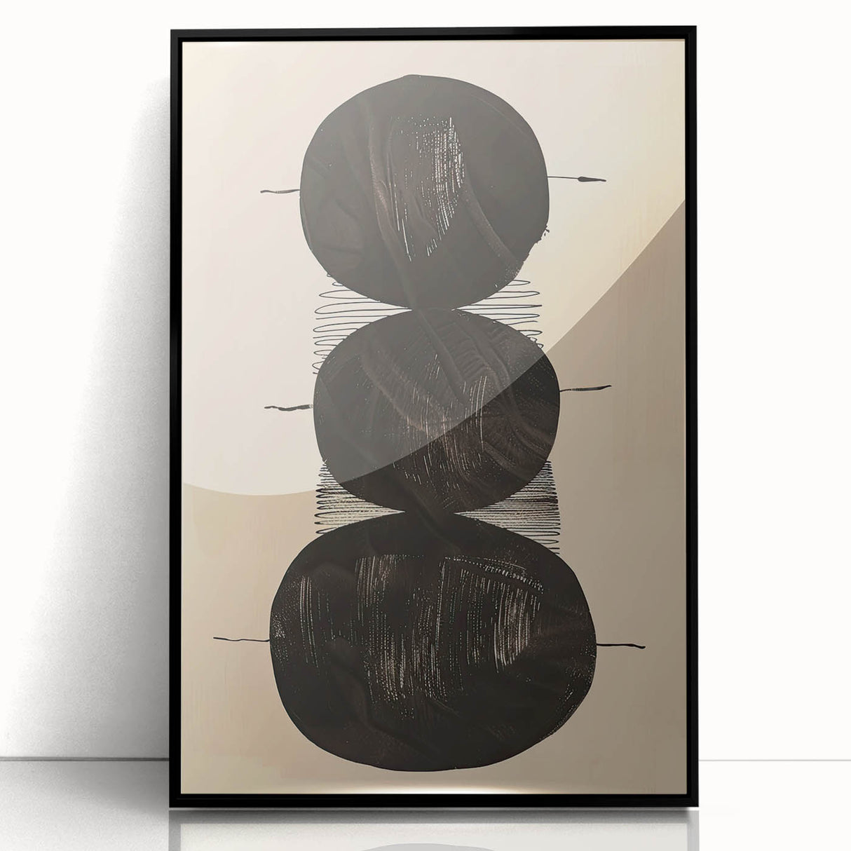 Abstract Geometric Framed Art – Minimalist Black Circles on Beige