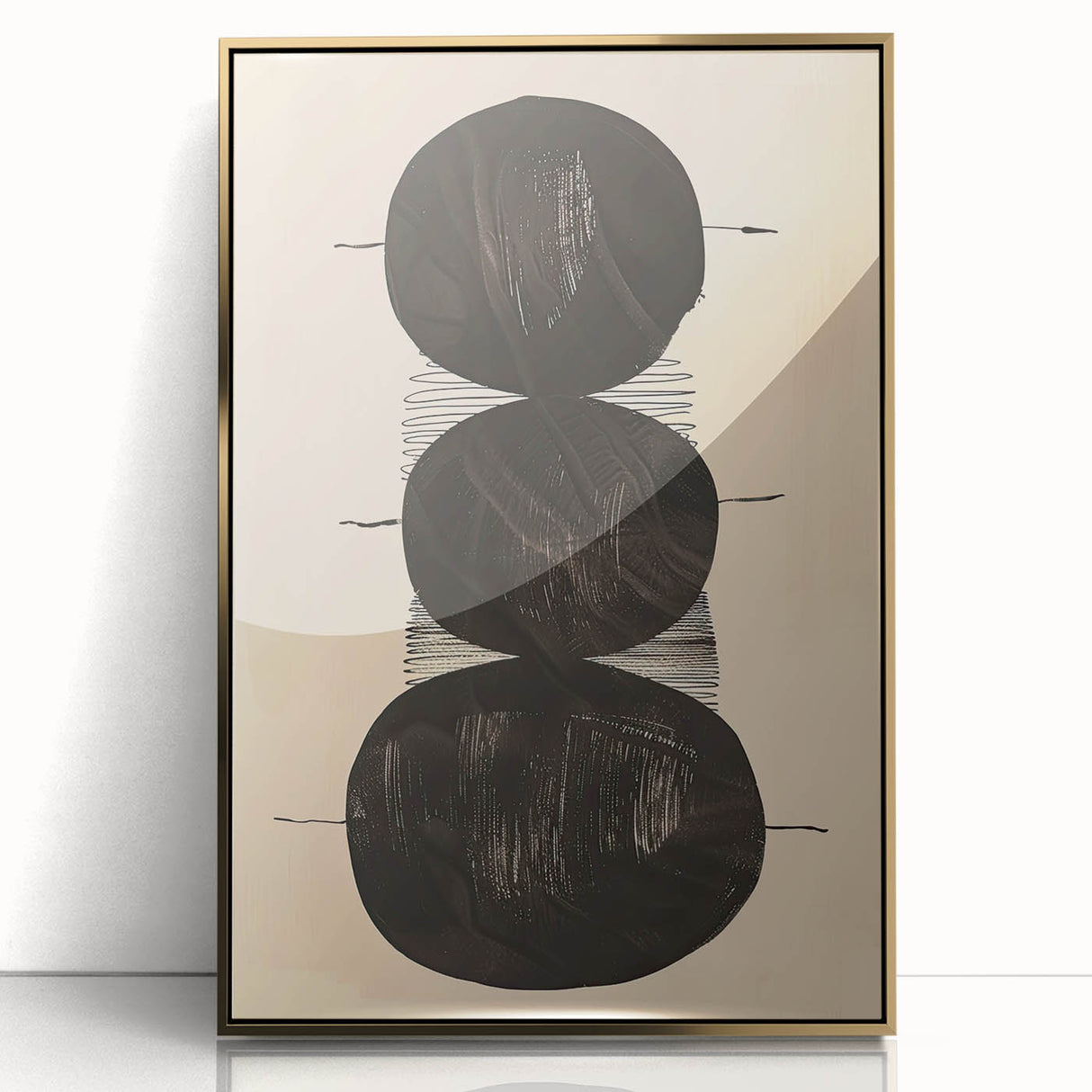 Abstract Geometric Framed Art – Minimalist Black Circles on Beige