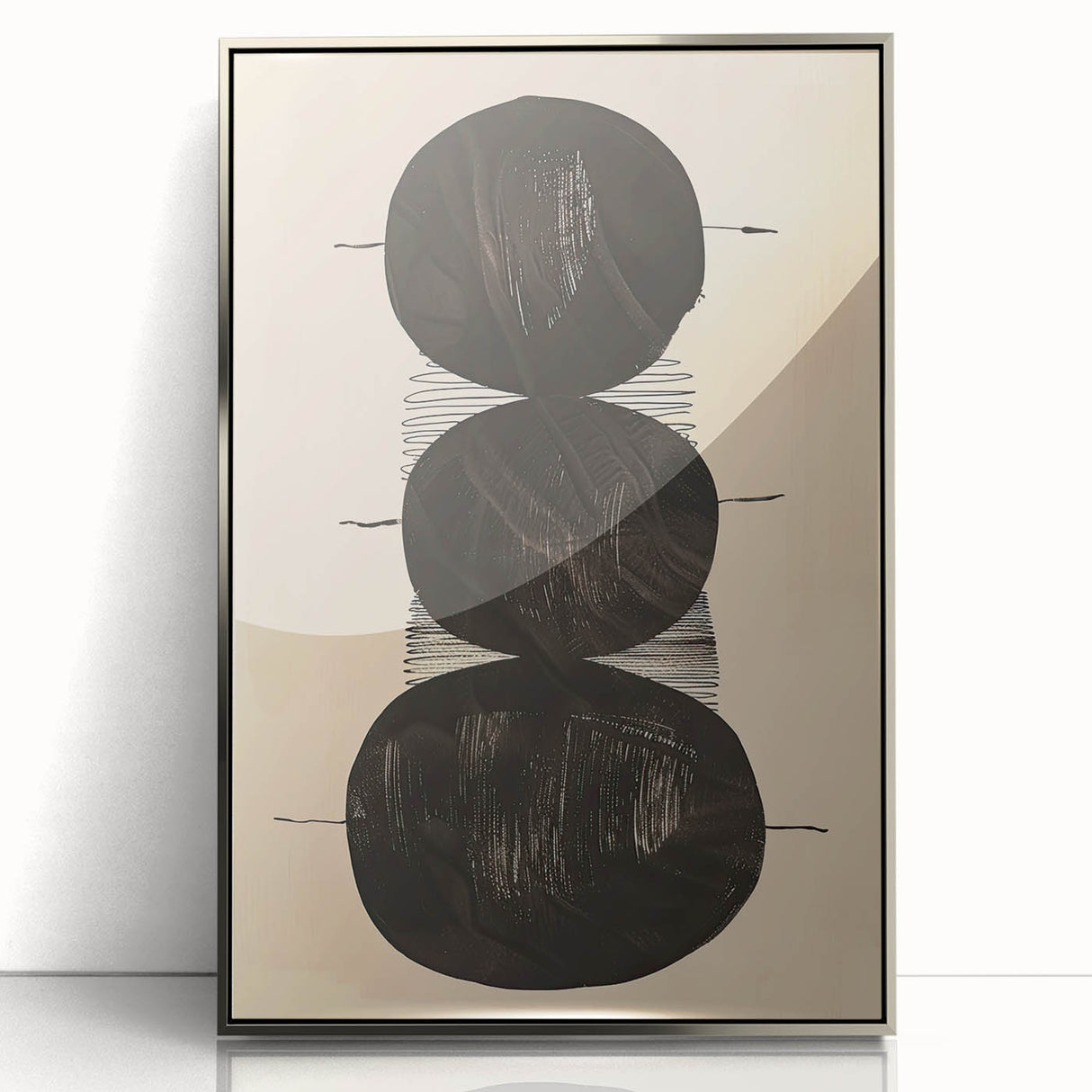 Abstract Geometric Framed Art – Minimalist Black Circles on Beige