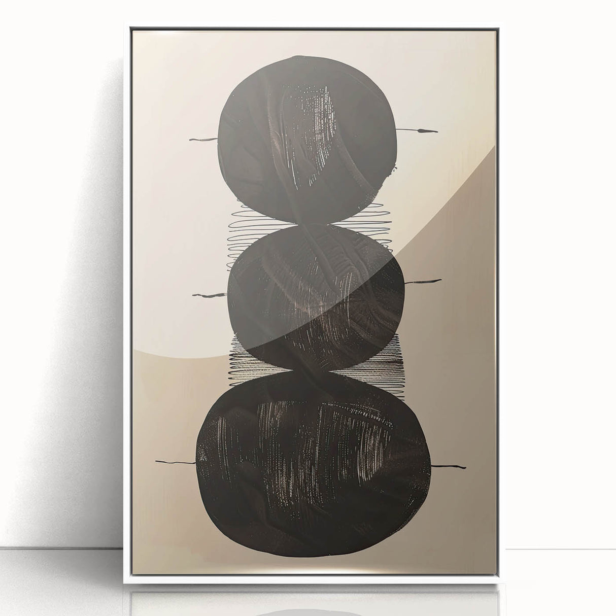 Abstract Geometric Framed Art – Minimalist Black Circles on Beige
