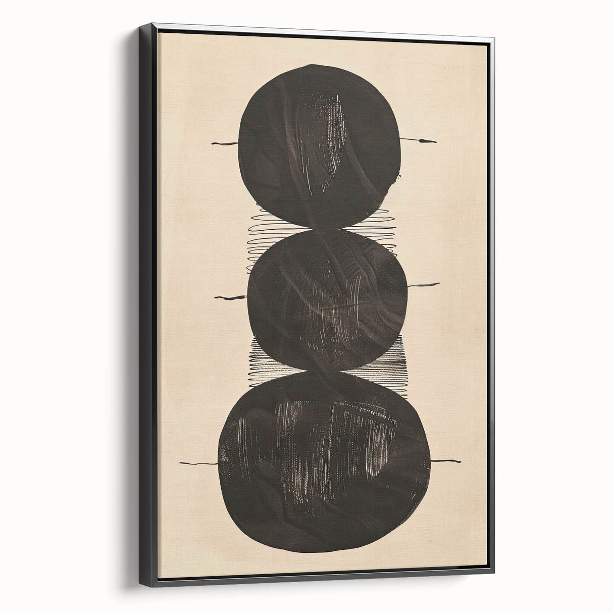 Abstract Geometric Framed Art – Minimalist Black Circles on Beige