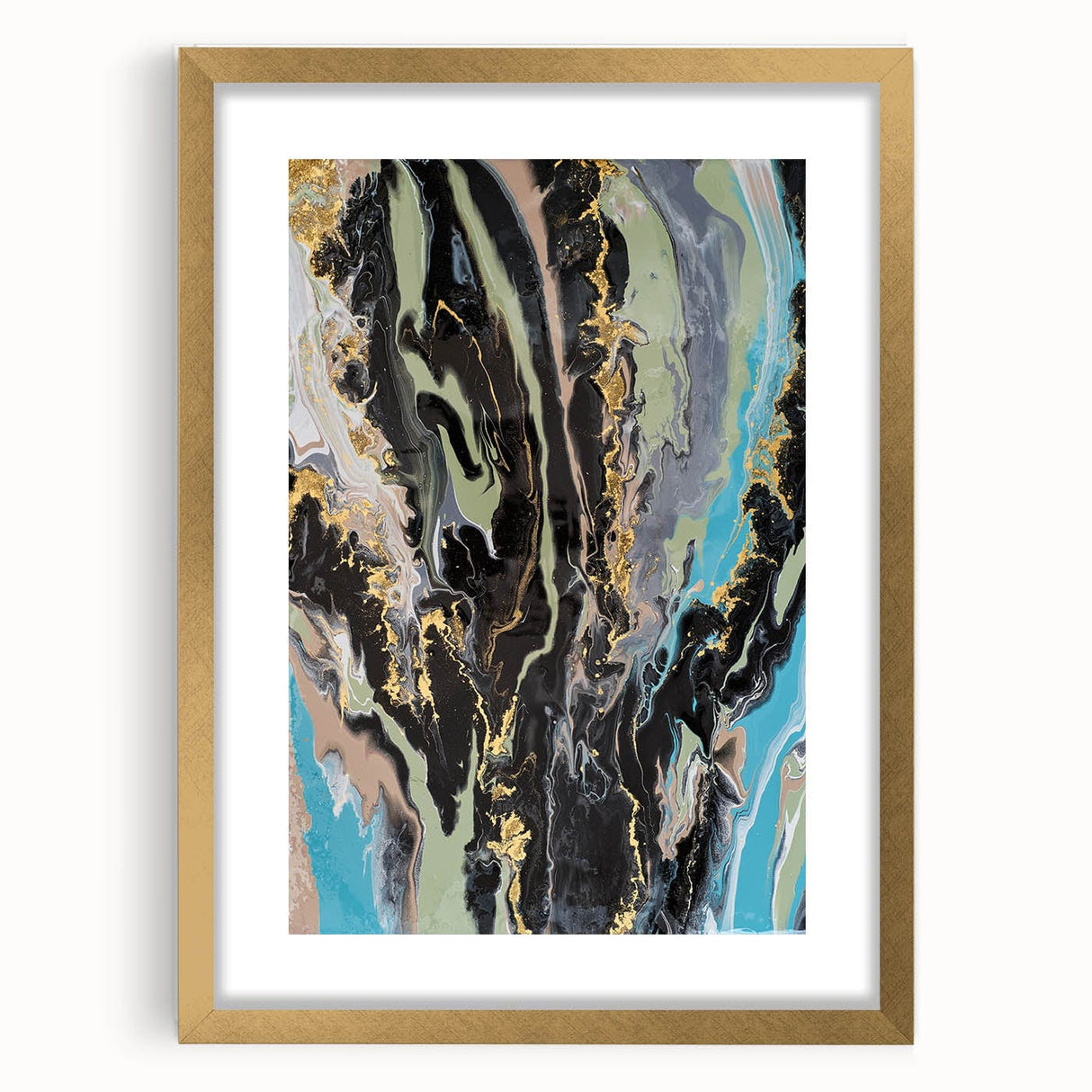 Large Abstract Wall Art – Moody Fluid Painting with Gold Accents