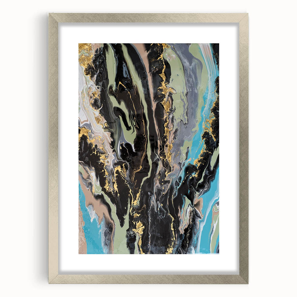 Large Abstract Wall Art – Moody Fluid Painting with Gold Accents