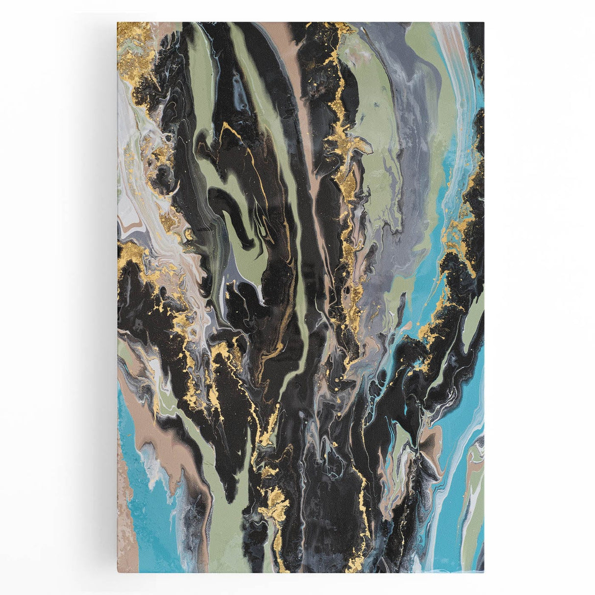 Large Abstract Wall Art – Moody Fluid Painting with Gold Accents