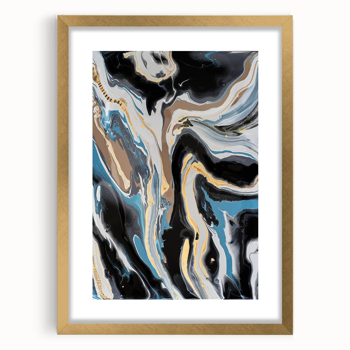 Modern Abstract Paintings – Fluid Gold and Blue Swirl Wall Art