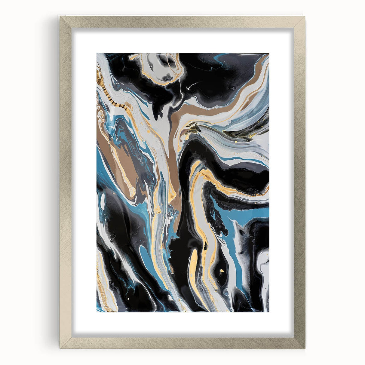 Modern Abstract Paintings – Fluid Gold and Blue Swirl Wall Art