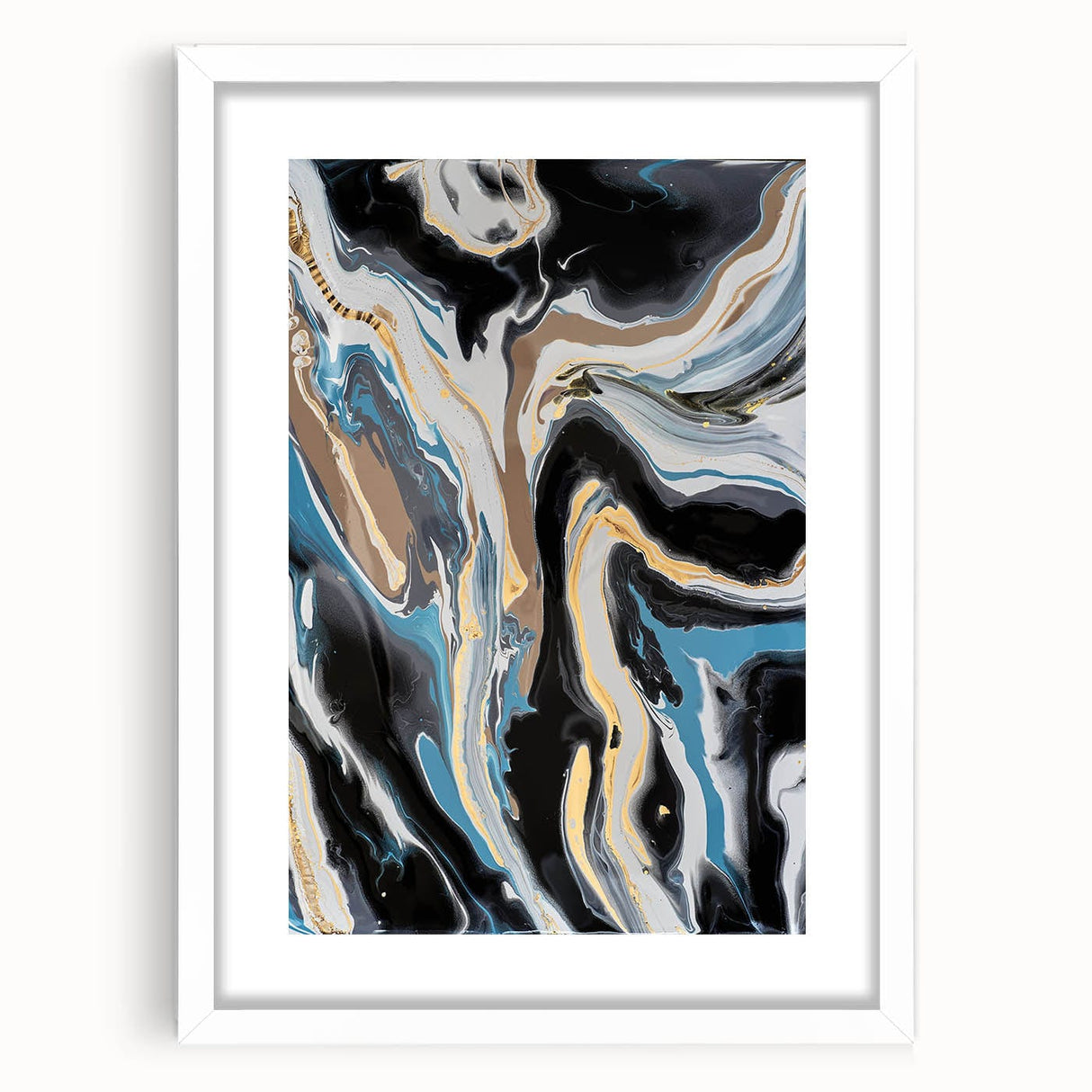 Modern Abstract Paintings – Fluid Gold and Blue Swirl Wall Art
