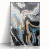 Modern Abstract Paintings – Fluid Gold and Blue Swirl Wall Art