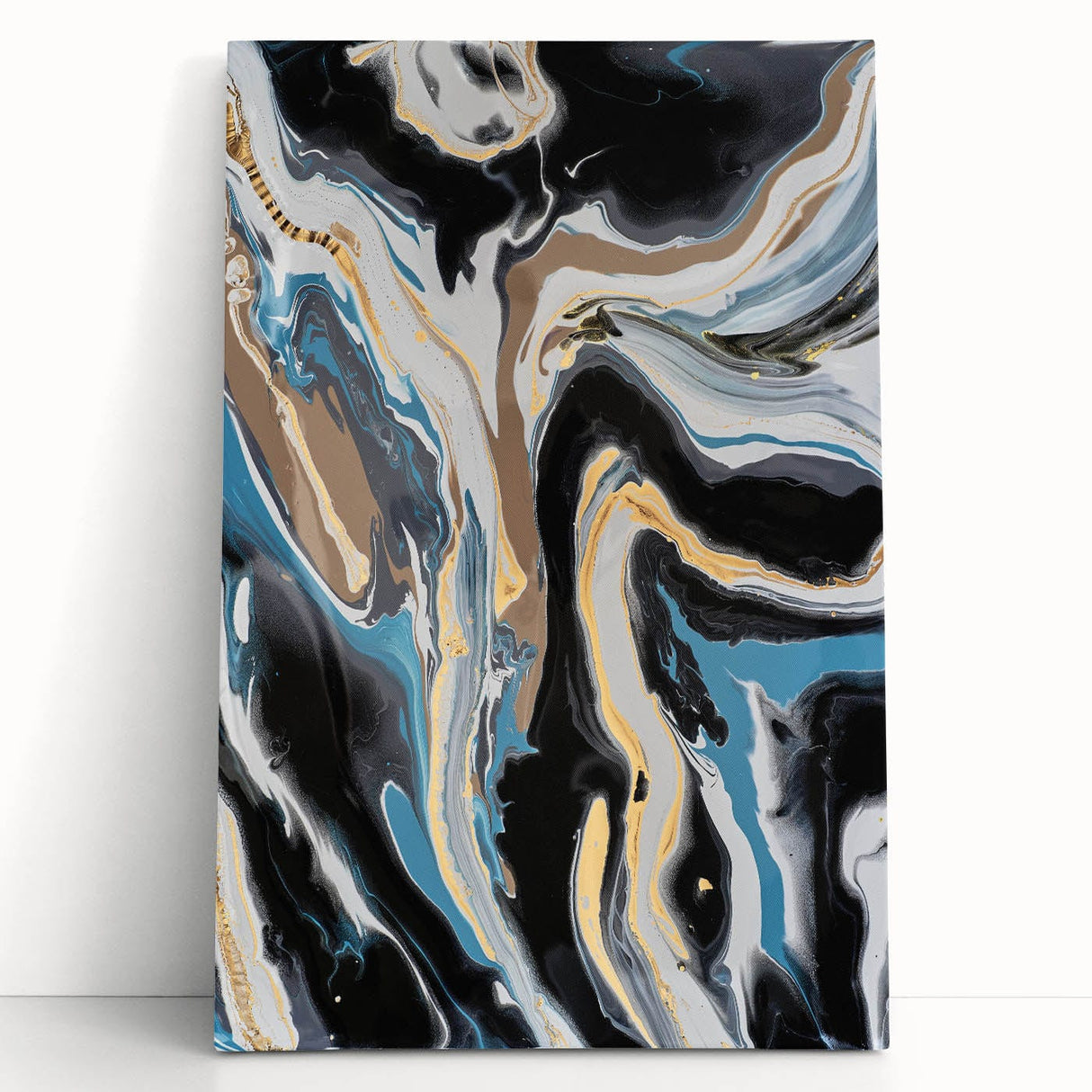 Modern Abstract Paintings – Fluid Gold and Blue Swirl Wall Art