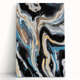 Modern Abstract Paintings – Fluid Gold and Blue Swirl Wall Art