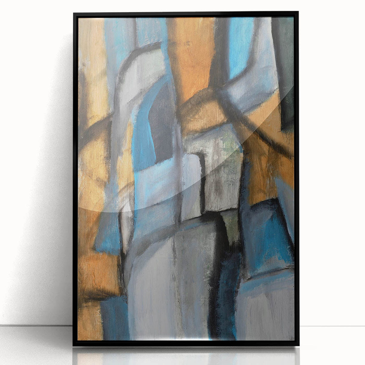Abstract Wall Art – Moody Geometric Painting in Blue and Earthy Tones