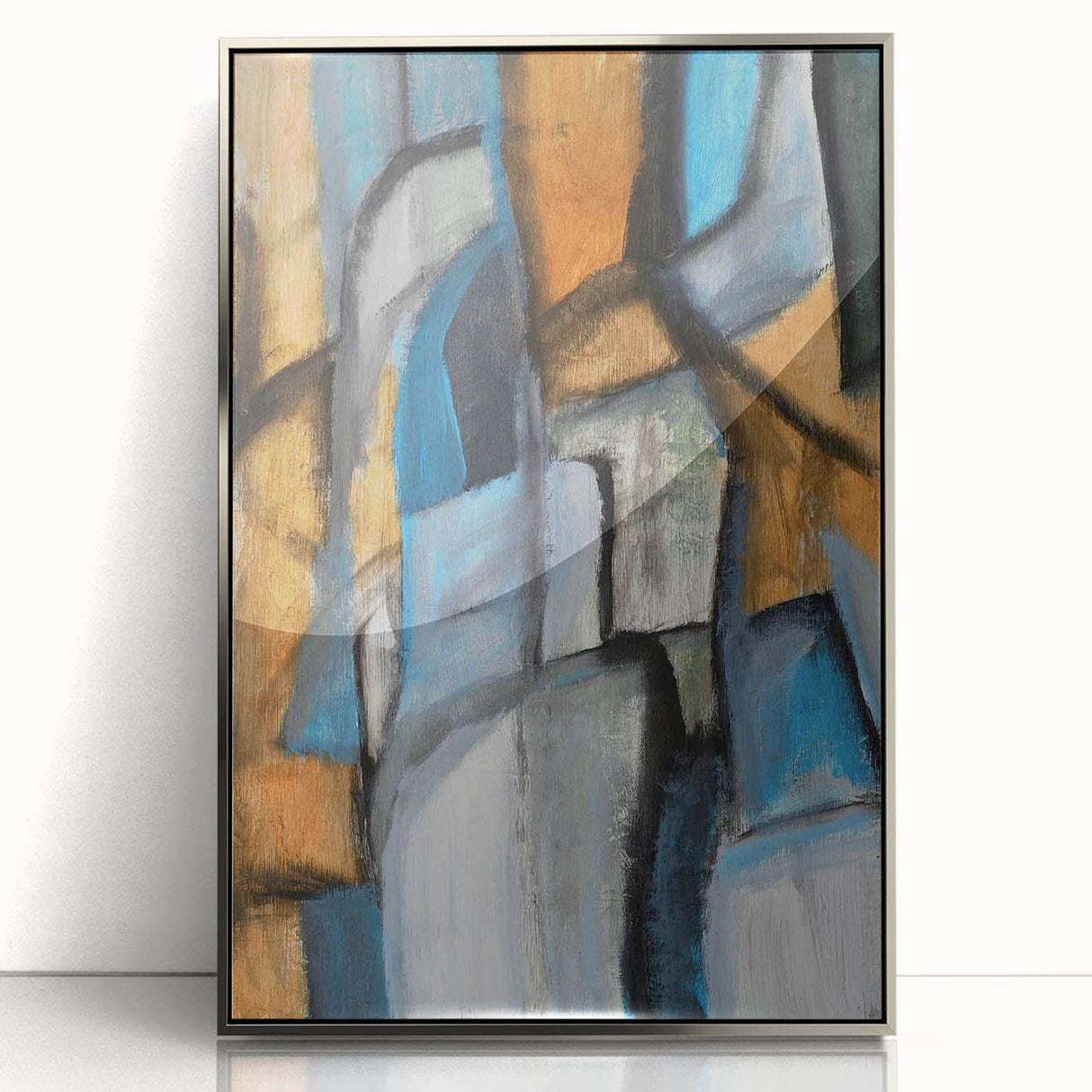 Abstract Wall Art – Moody Geometric Painting in Blue and Earthy Tones