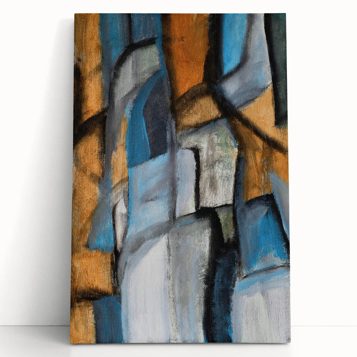 Abstract Wall Art – Moody Geometric Painting in Blue and Earthy Tones