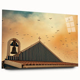 Modern urban landscape art – Church rooftop with sunset sky print