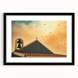 Modern urban landscape art – Church rooftop with sunset sky print