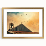 Modern urban landscape art – Church rooftop with sunset sky print