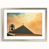 Modern urban landscape art – Church rooftop with sunset sky print