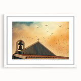 Modern urban landscape art – Church rooftop with sunset sky print