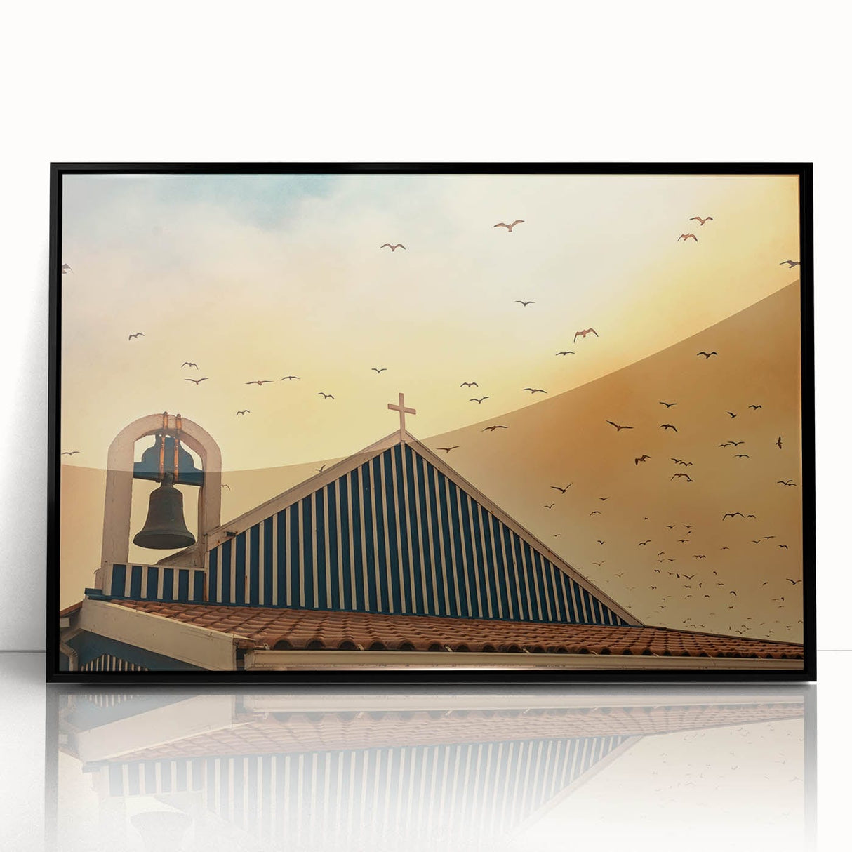 Modern urban landscape art – Church rooftop with sunset sky print