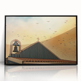 Modern urban landscape art – Church rooftop with sunset sky print