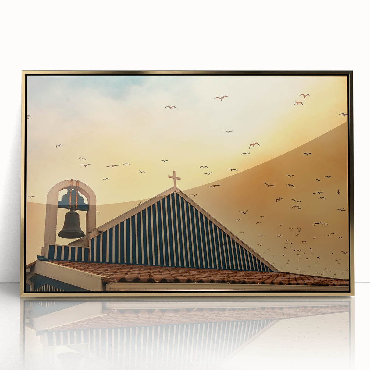 Modern urban landscape art – Church rooftop with sunset sky print