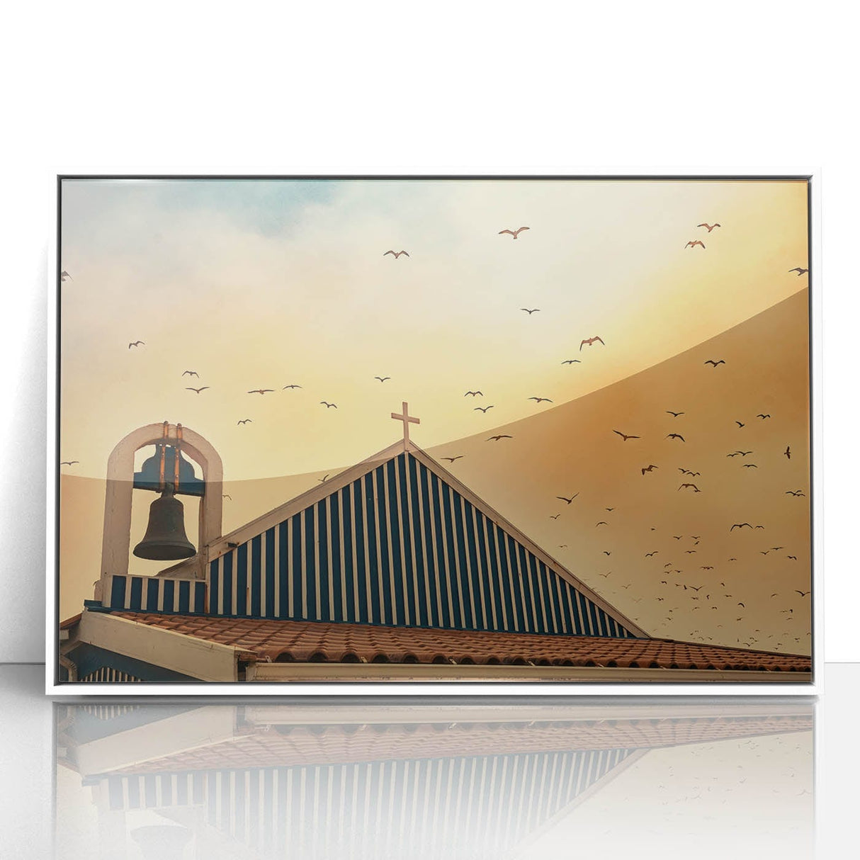 Modern urban landscape art – Church rooftop with sunset sky print