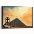Modern urban landscape art – Church rooftop with sunset sky print