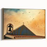 Modern urban landscape art – Church rooftop with sunset sky print