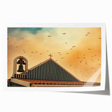 Modern urban landscape art – Church rooftop with sunset sky print