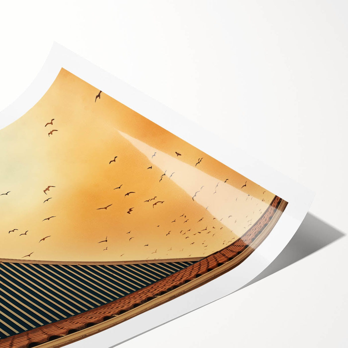 Modern urban landscape art – Church rooftop with sunset sky print