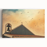 Modern urban landscape art – Church rooftop with sunset sky print
