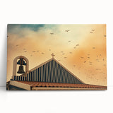 Modern urban landscape art – Church rooftop with sunset sky print