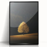 Minimalist Mountain Wall Art – Golden Tree in Sunlight Print