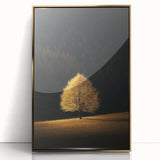 Minimalist Mountain Wall Art – Golden Tree in Sunlight Print
