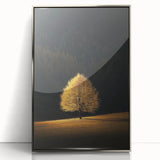 Minimalist Mountain Wall Art – Golden Tree in Sunlight Print