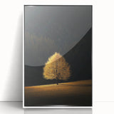 Minimalist Mountain Wall Art – Golden Tree in Sunlight Print